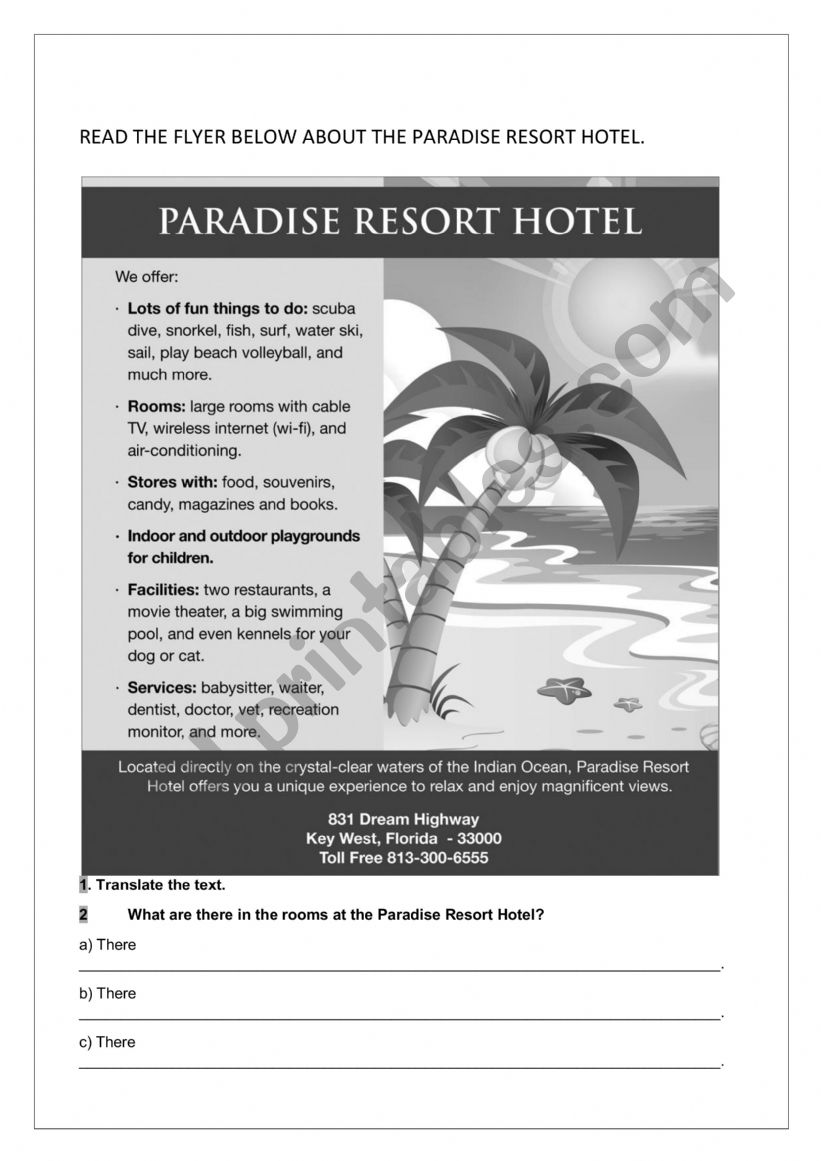 PARADISE RESORT HOTEL worksheet