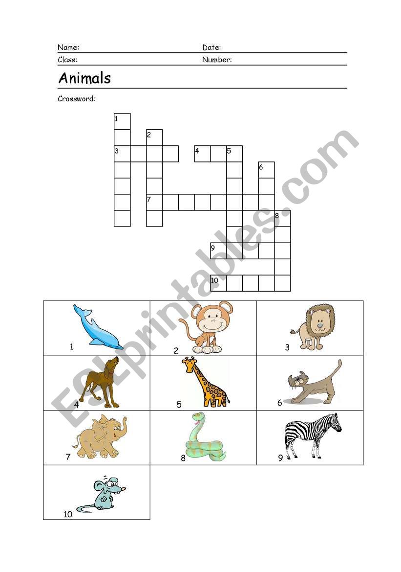 Animals crossword worksheet