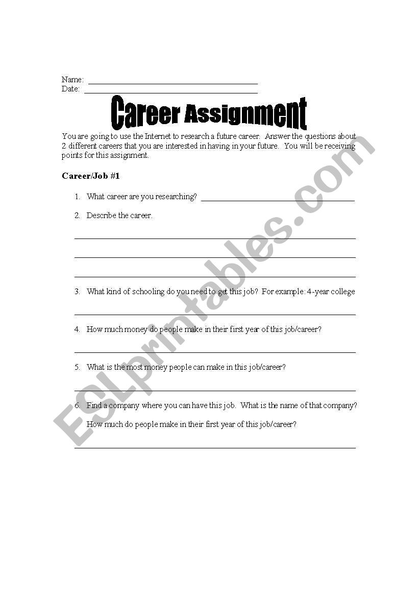 Internet Career Search worksheet