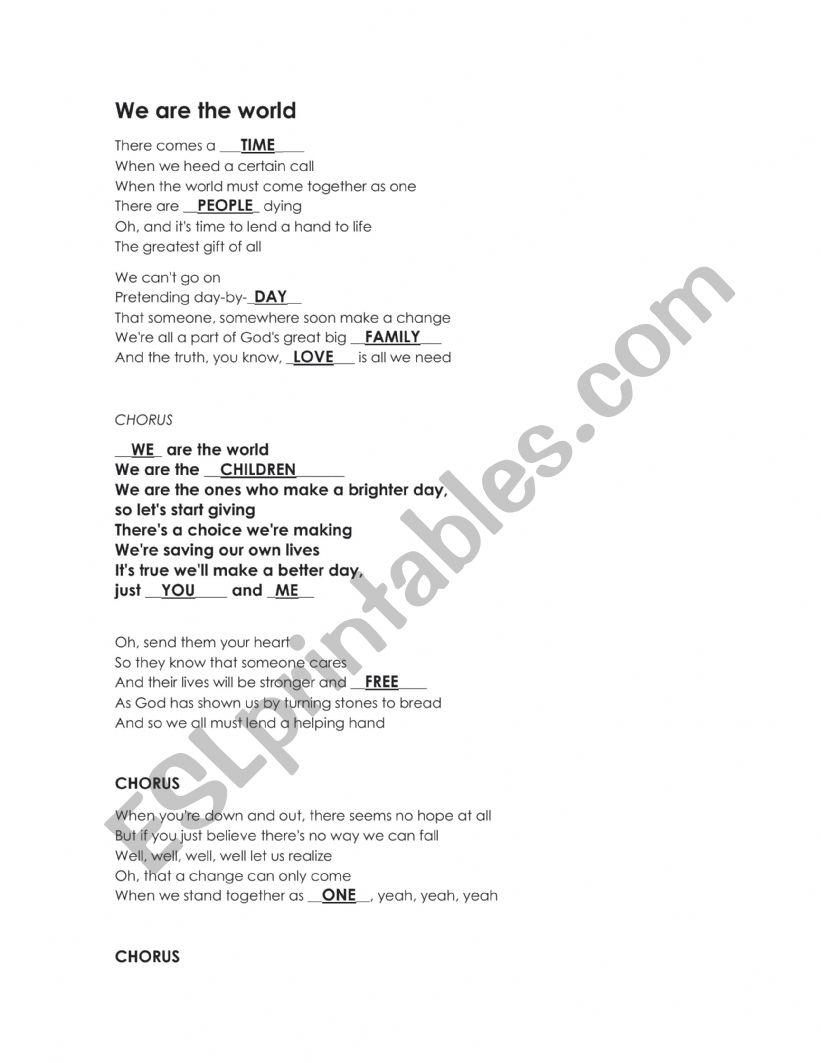 we are the world lyrics singers - ESL worksheet by Flor1801