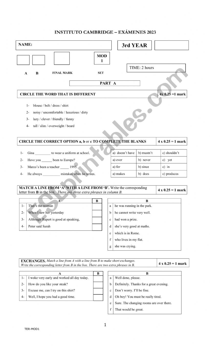 examen Cambridge 3er año adultos