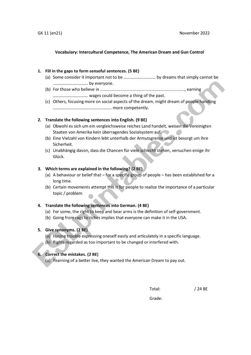 Vocabulary Test American Dream and Gun Control