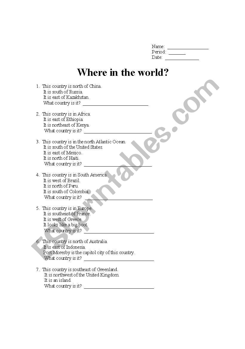 Where in the world? worksheet