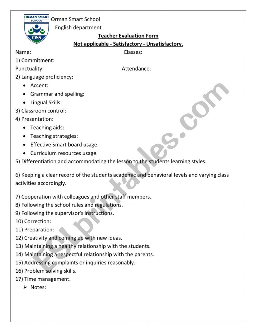 Teacher evaluation form. worksheet