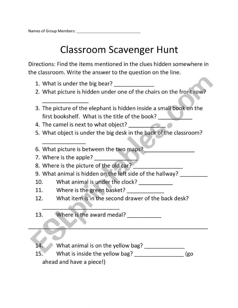 Prepositions of Place Scavenger Hunt