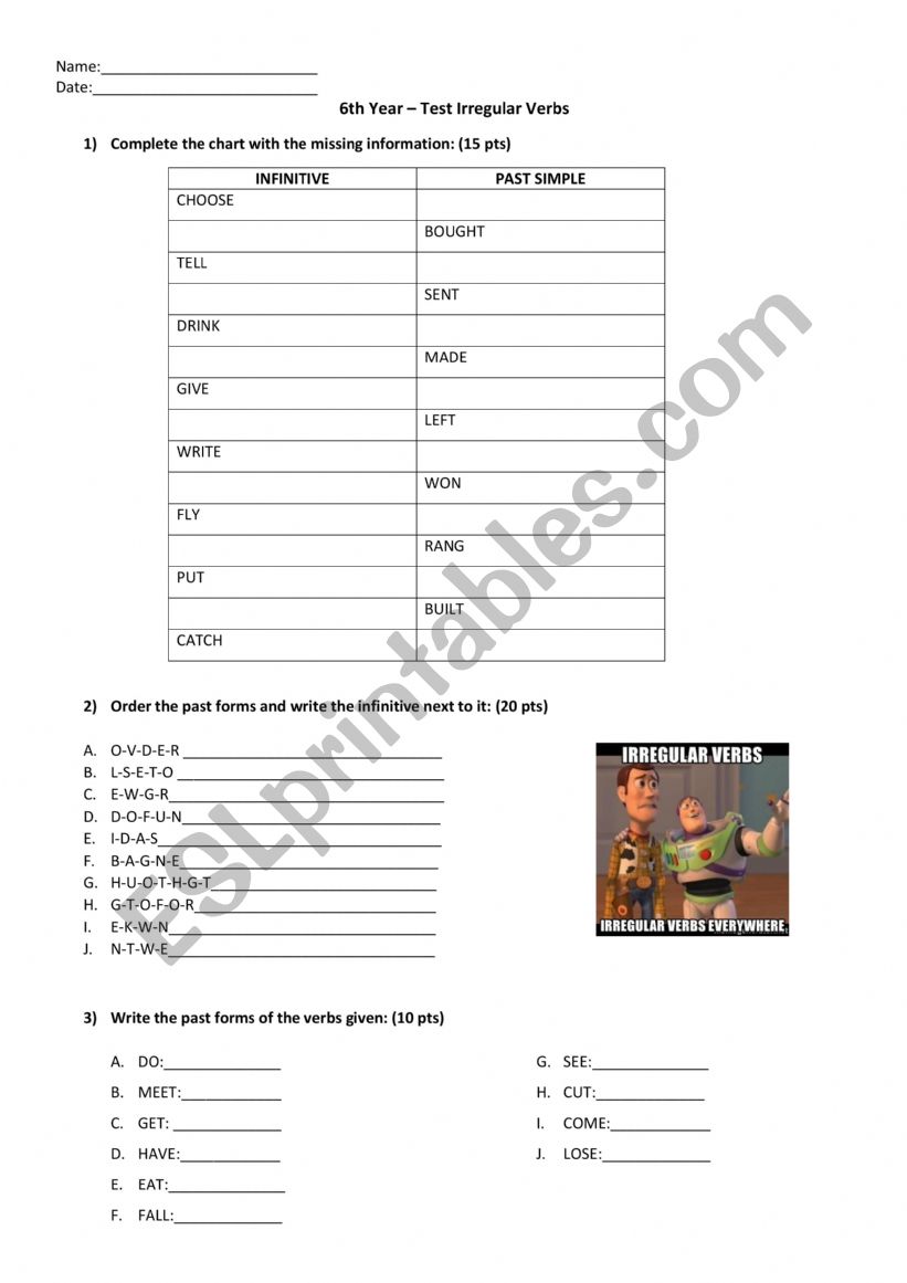 Irregular Verbs Test worksheet