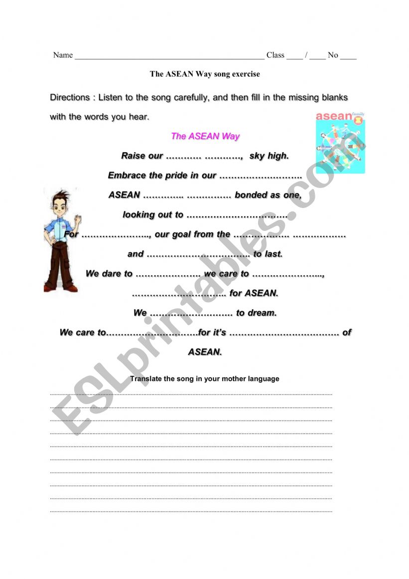 ASEAN songs worksheet worksheet