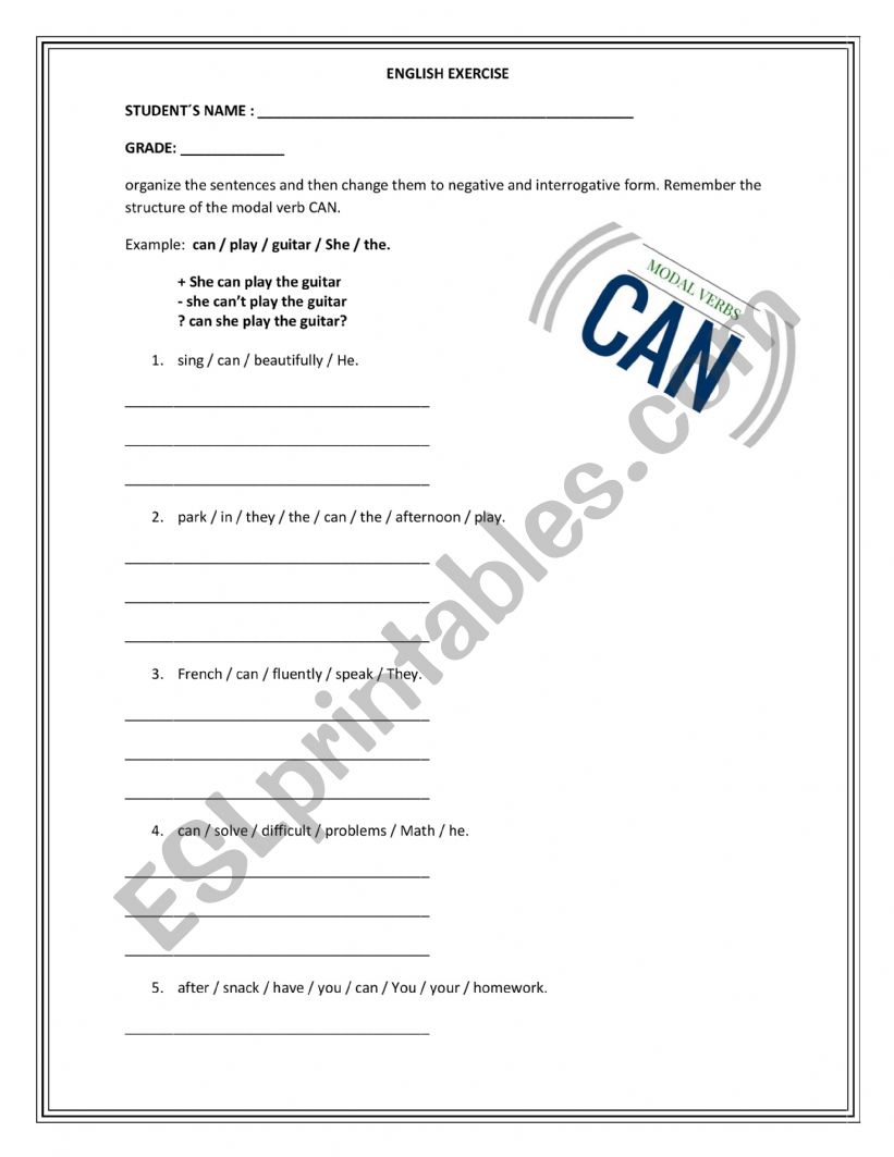 EXERCISE WITH MODAL VERB CAN worksheet