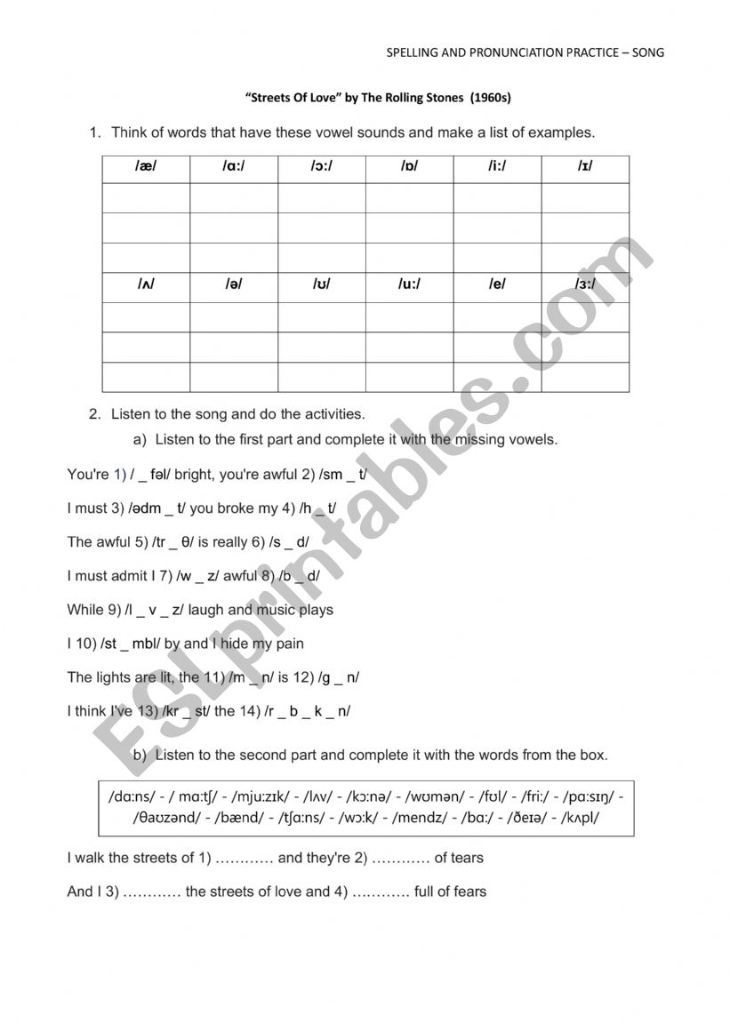 SPELLING AND PRONUNCIATION PRACTICE - SONG 