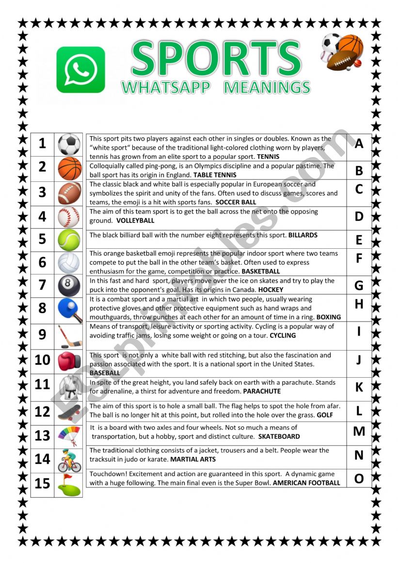 SPORTS IN WHATSAPP EMOJIS worksheet