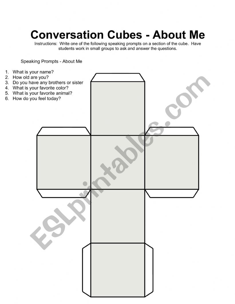 Conversation Cubes: About Me worksheet