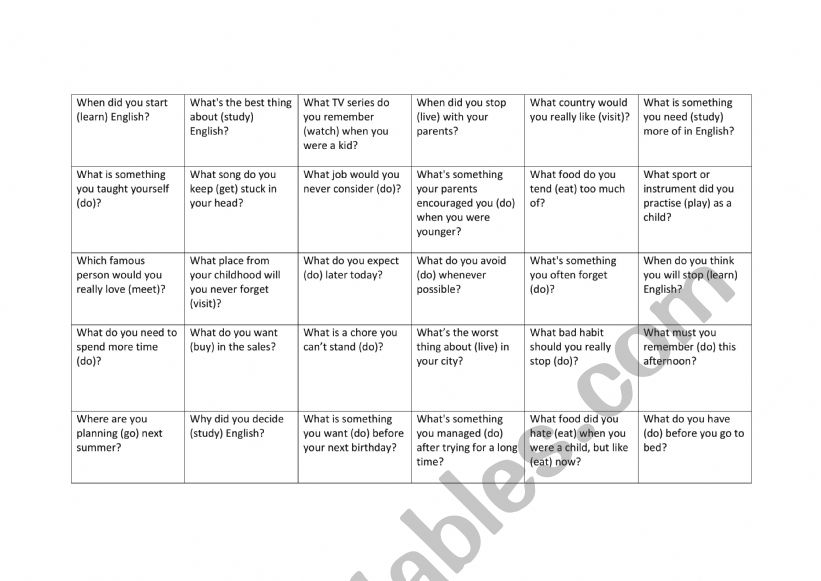Verb Pattern Connect 4 worksheet