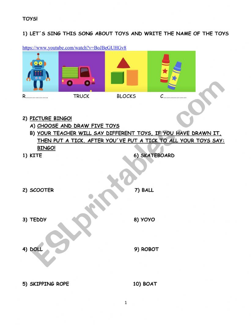 TOYS + BINGO + SONG worksheet