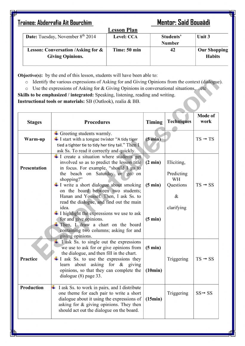 Expressing opinion Lesson plan