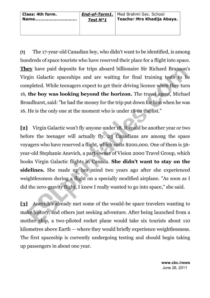 end of term test _4th formers worksheet