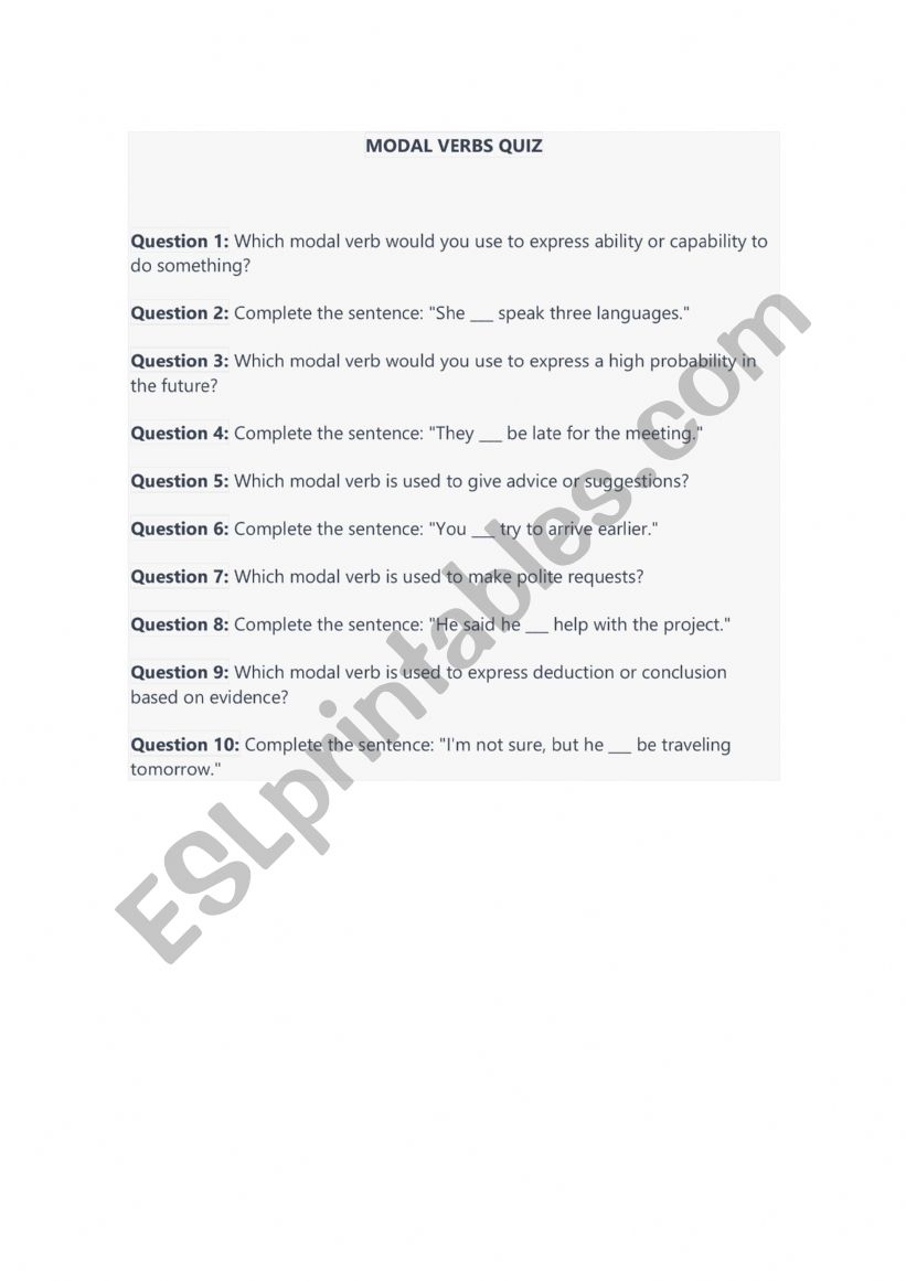 Modal verbs quiz worksheet