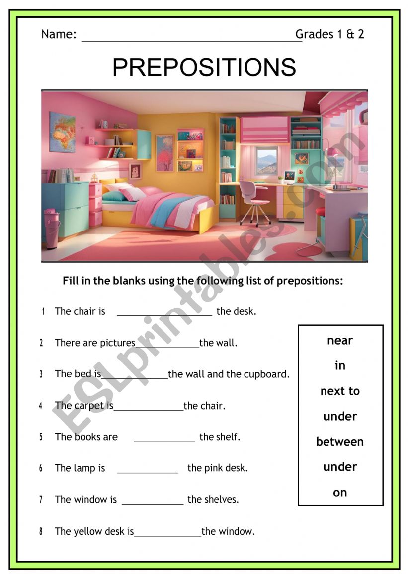 Prepositions in the bedroom worksheet