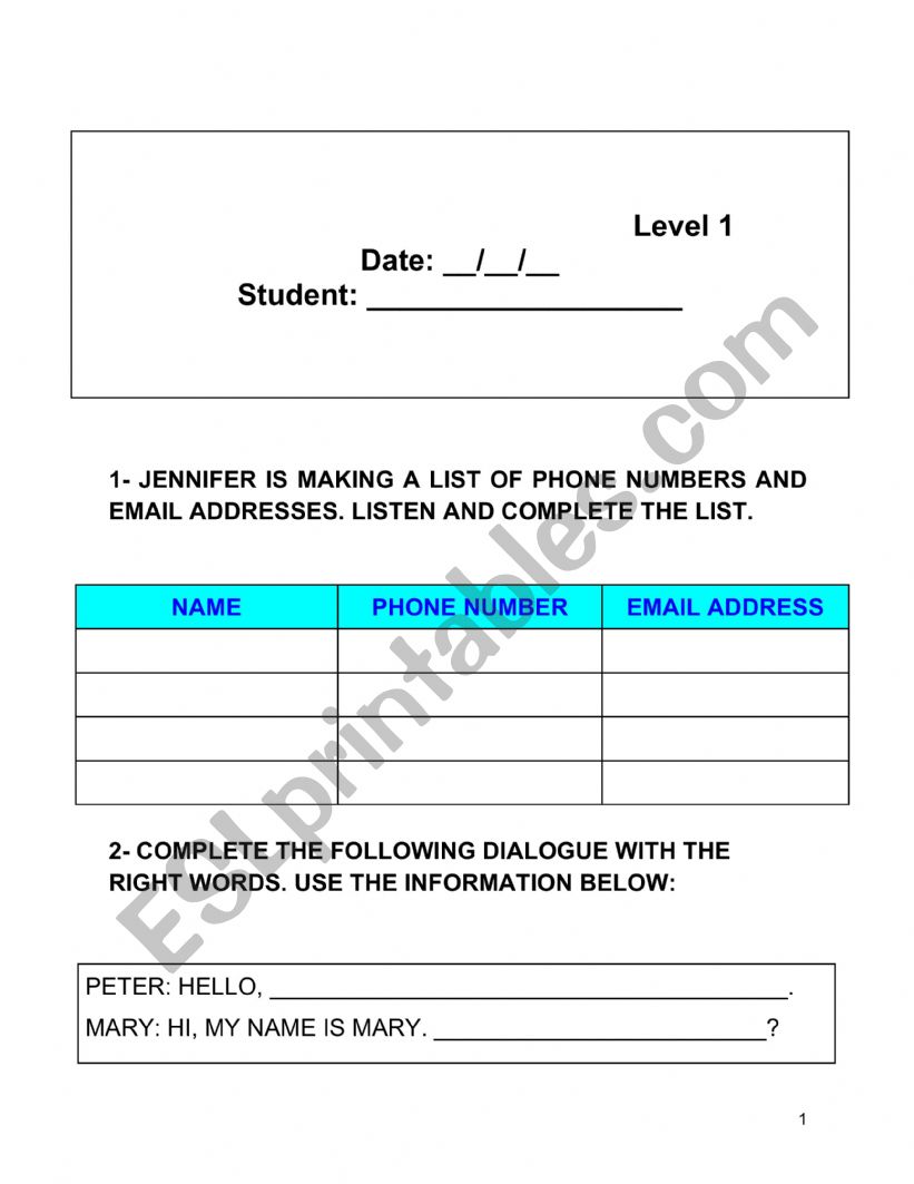 PHONE NUMBERS worksheet