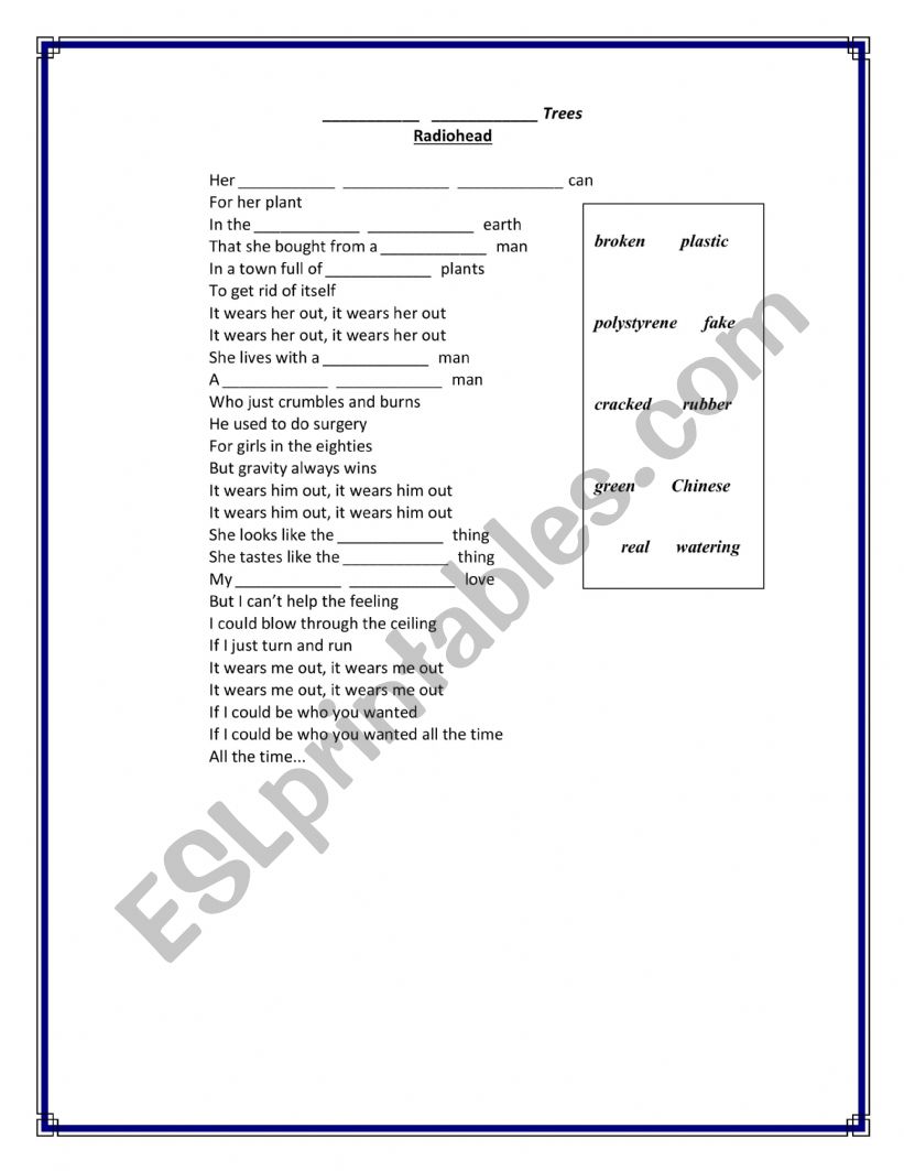 fake plastic trees worksheet