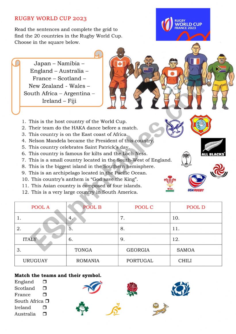 Rugby world cup 2023 worksheet