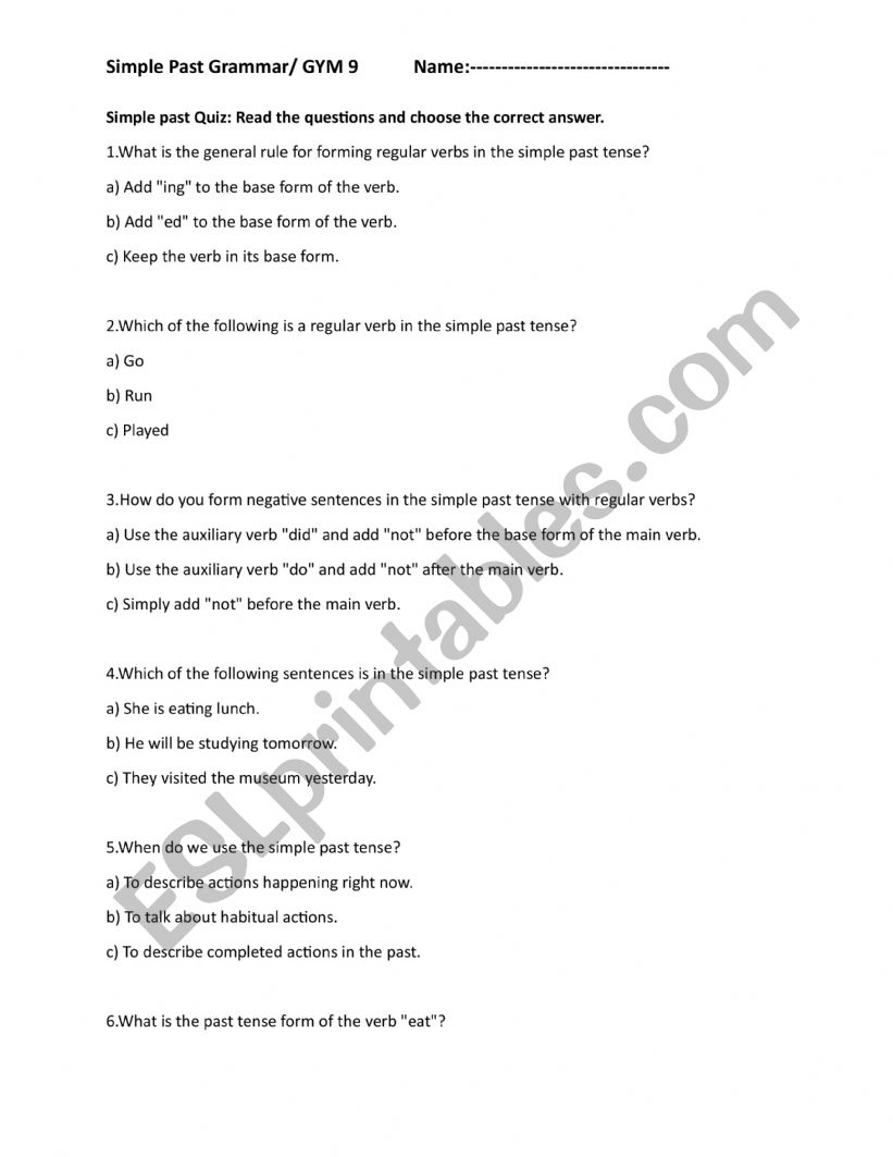 Simple Past Rules Quiz worksheet