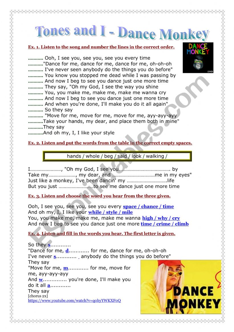 Dance Monkey by Tones and I worksheet