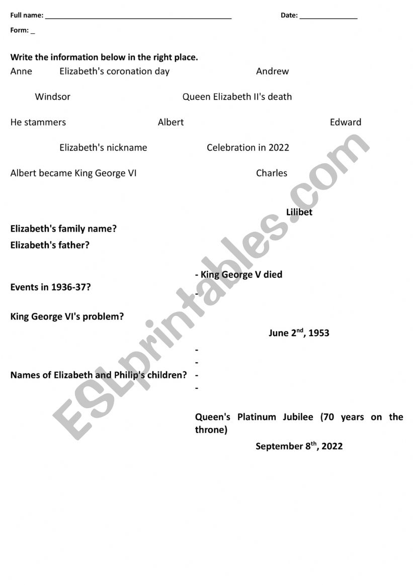 Queen Elizabeth II worksheet