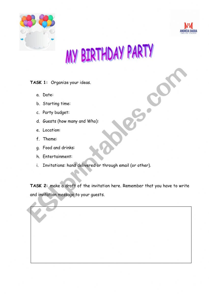 MY BITHDAY PARTY - WRITING worksheet