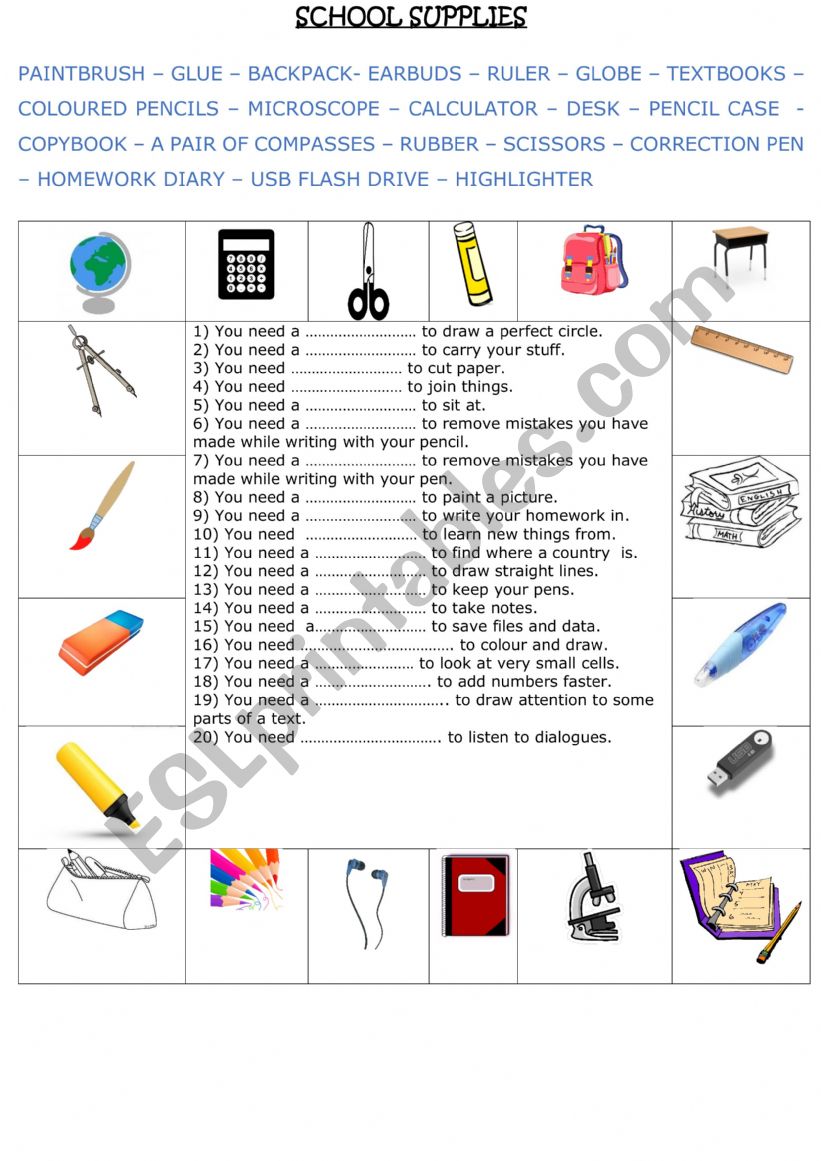 School supplies worksheet