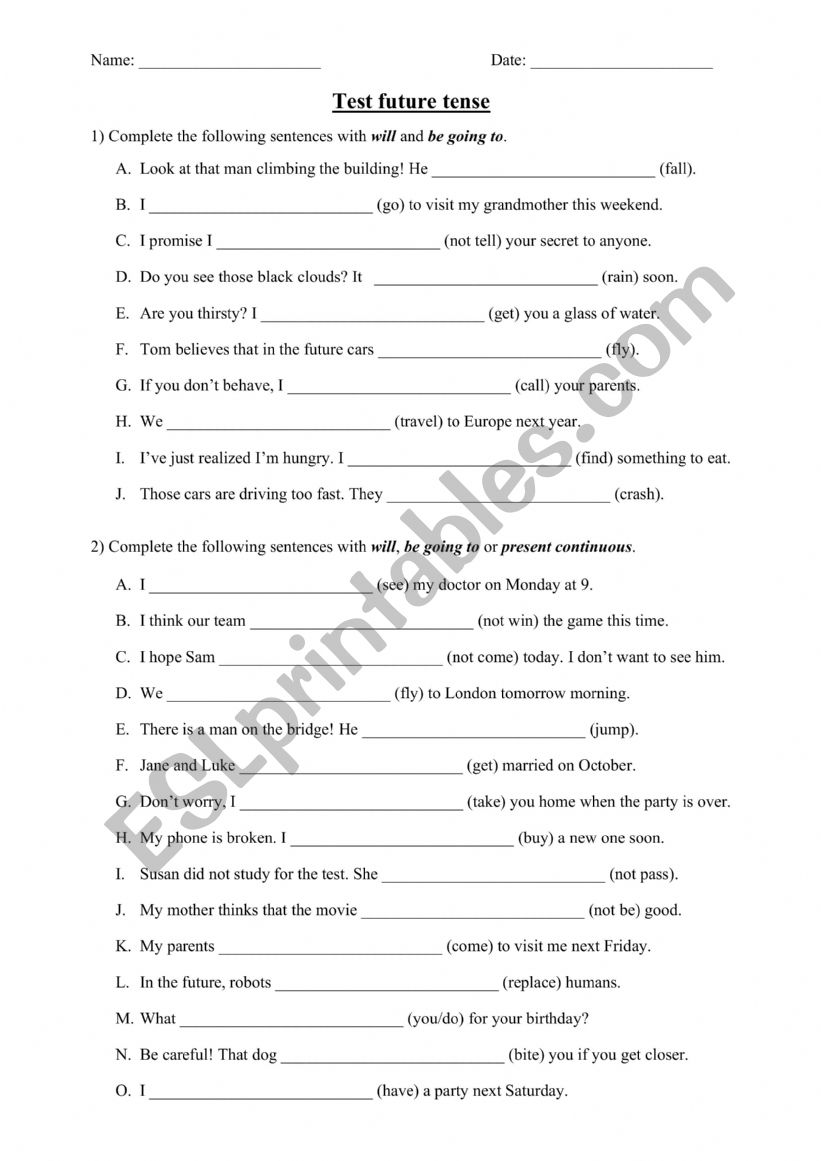Test future tense worksheet