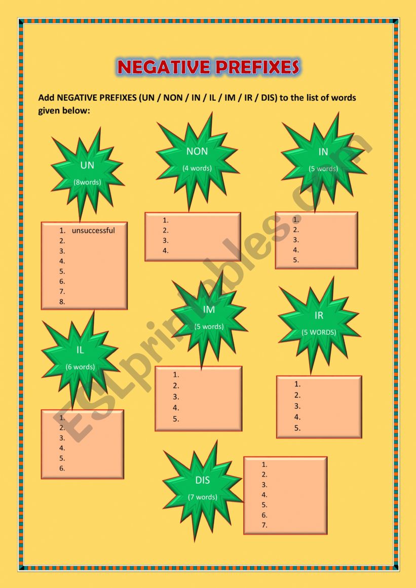 Negative prefixes worksheet