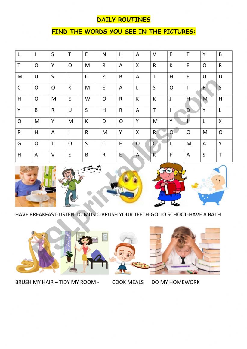 DAILY ROUTINES + WORDSEARCH ACTIVITY + KEY