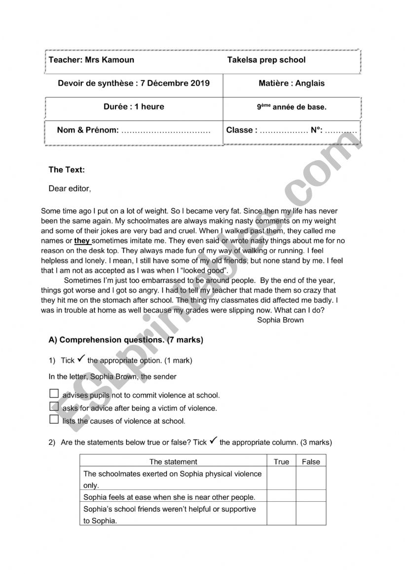 9th form test worksheet