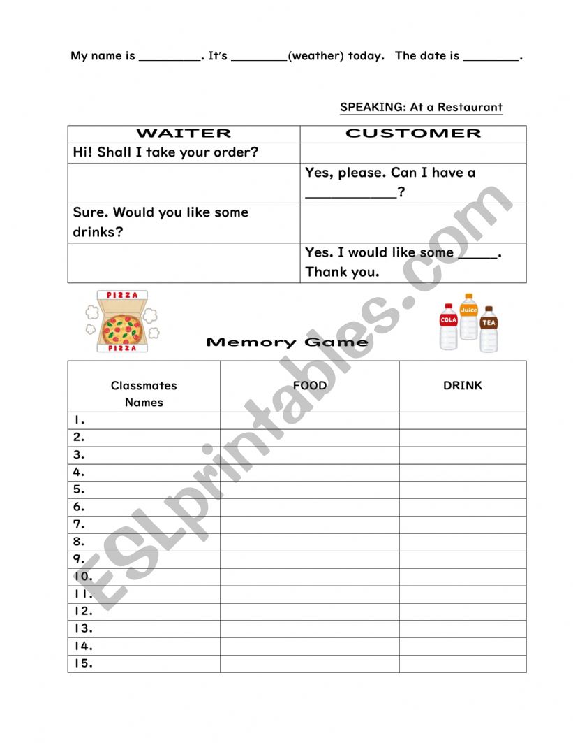 Restaurant Expressions worksheet