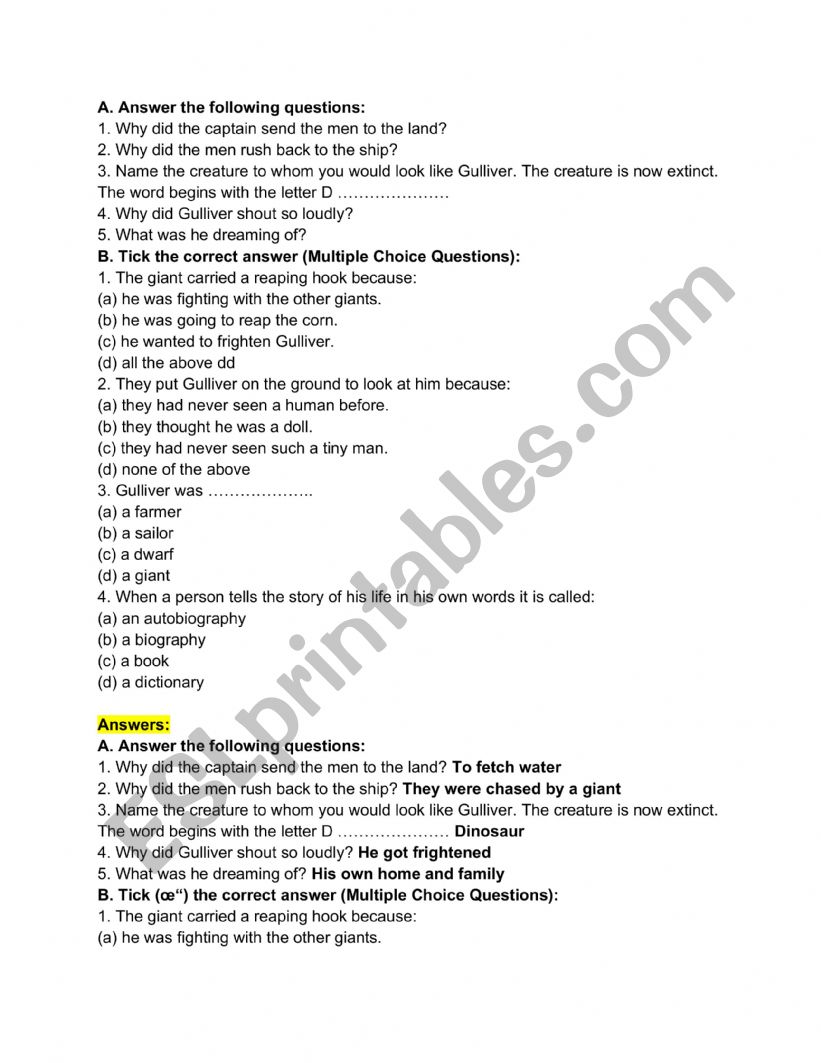 Gulliver�s Travels Q&A worksheet