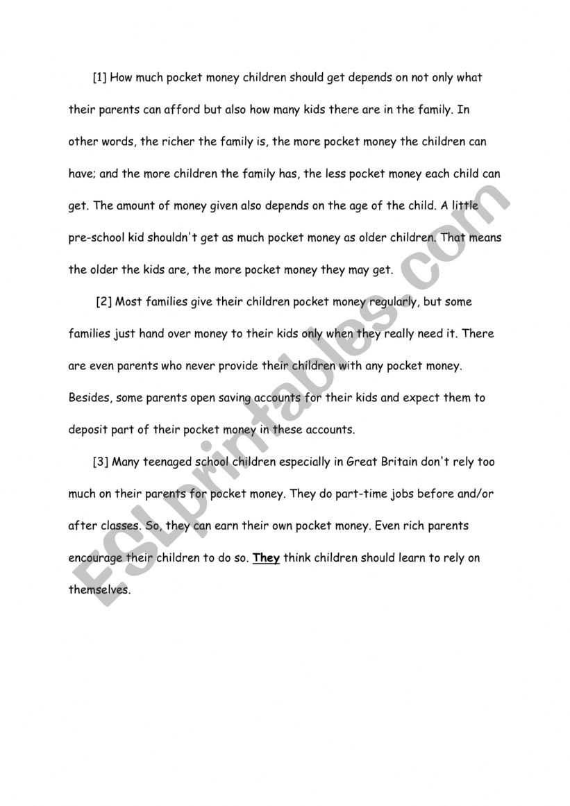 Pocket Money worksheet