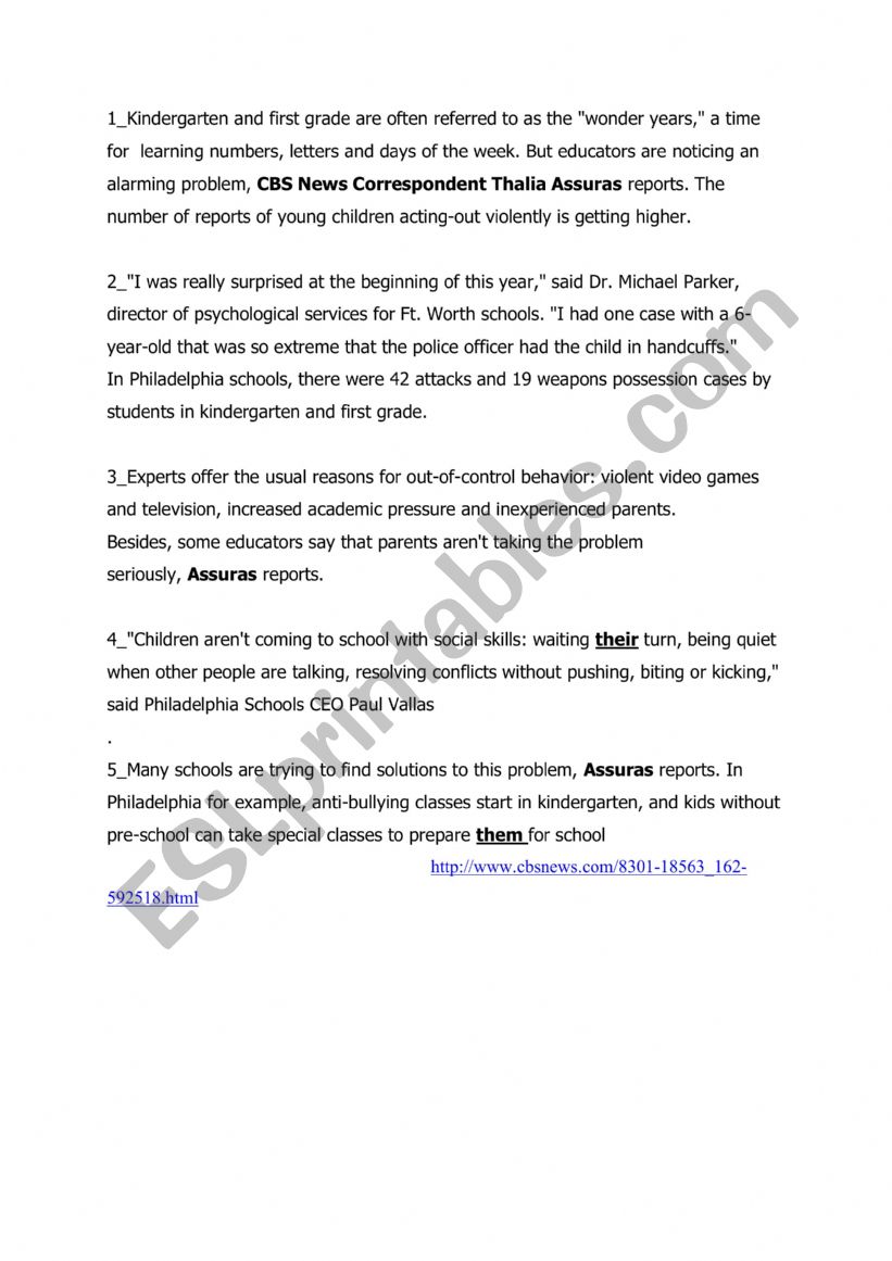violence at school worksheet