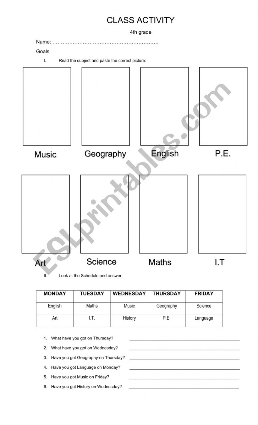 Class schedules worksheet