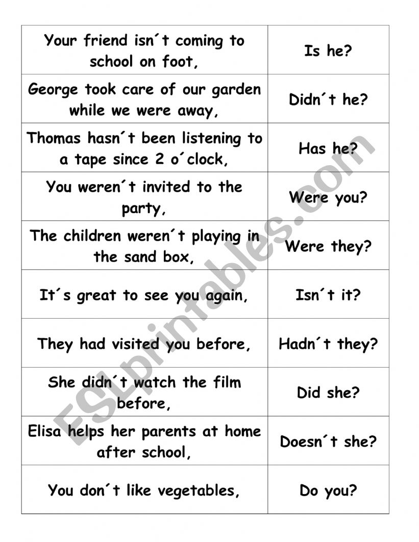 Tag questions memory game worksheet