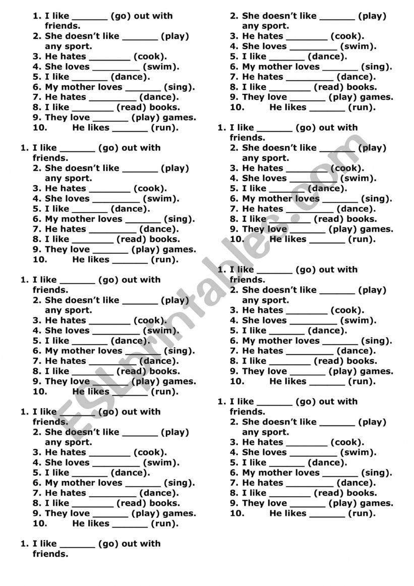 Likes and dislikes worksheet