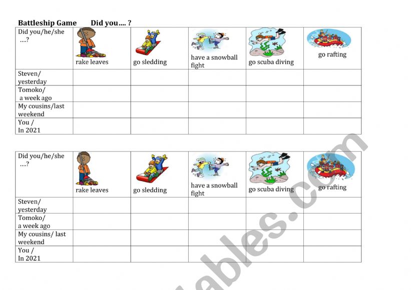 Battleship Game Simple Past worksheet