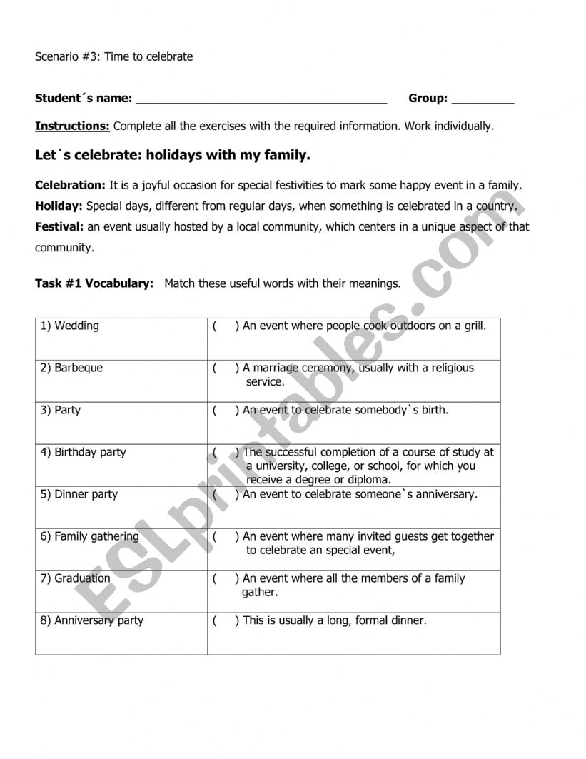 Holidays and Celebrations worksheet