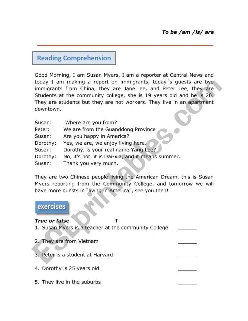 Reading comprehension verb to be