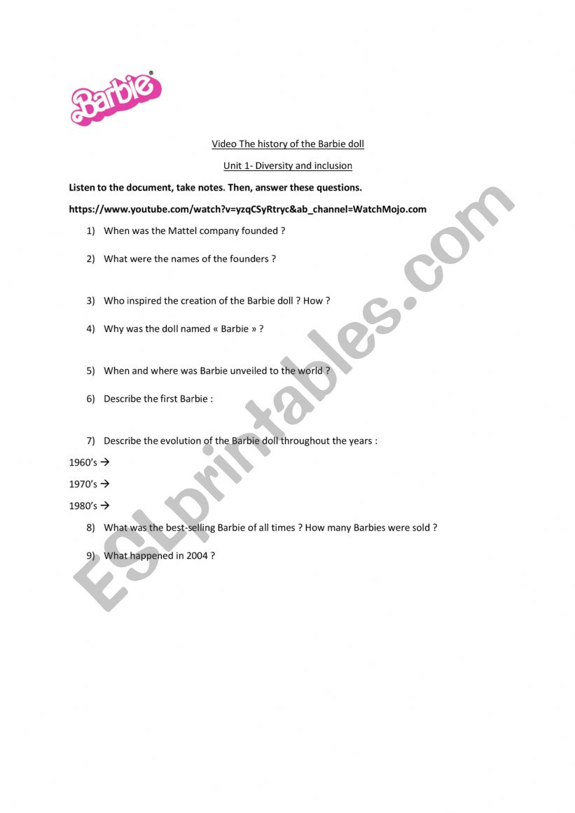 Video the History of the Barbie doll worksheet