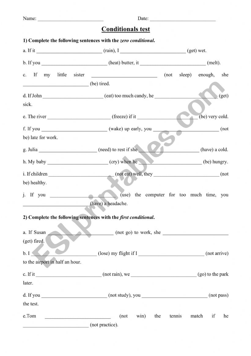 Conditionals test worksheet