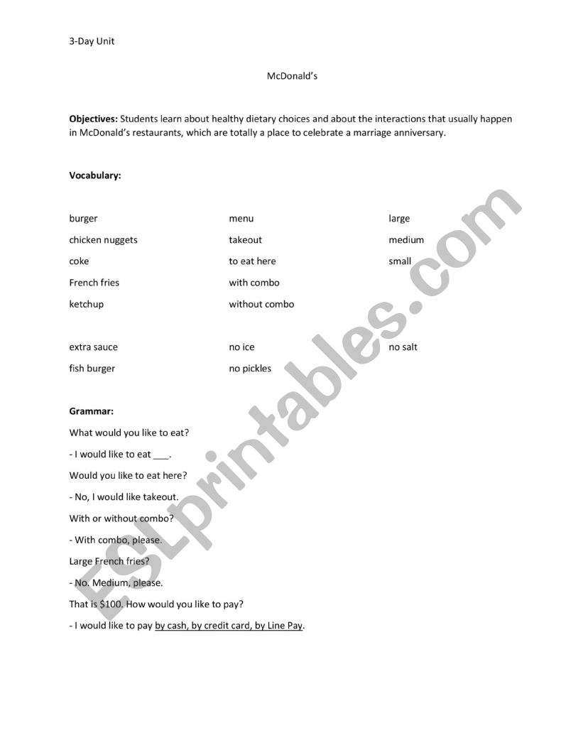 Mcdonalds worksheet