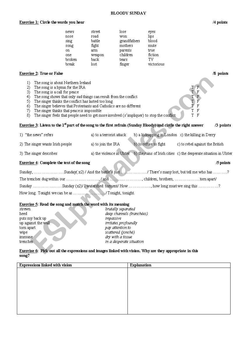 Bloody Sunday - U2 worksheet