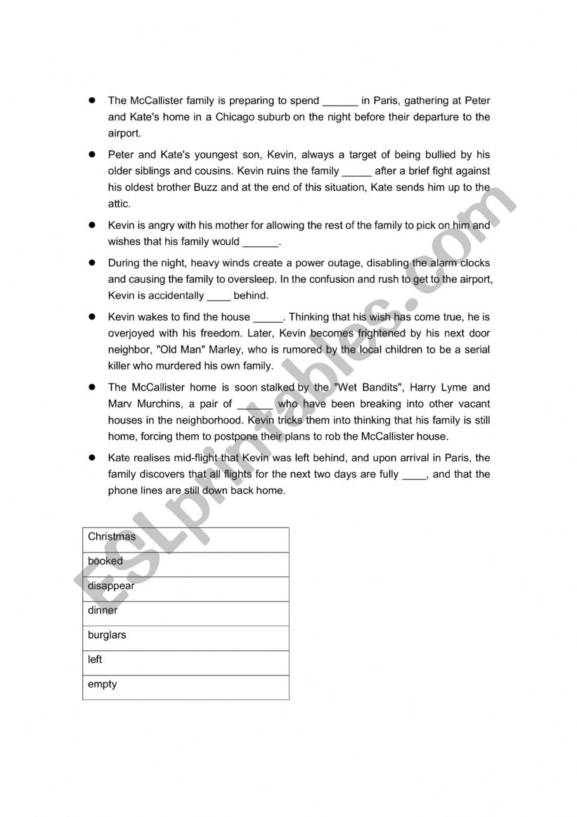 Home Alone Movie Plot worksheet