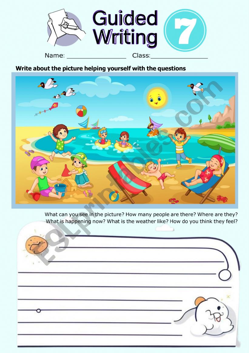 Guided writing 7 - the beach worksheet