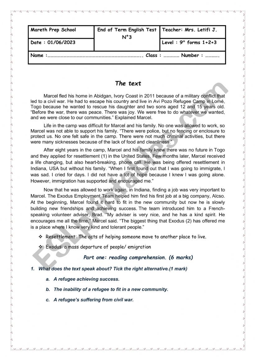 nineth  form test worksheet